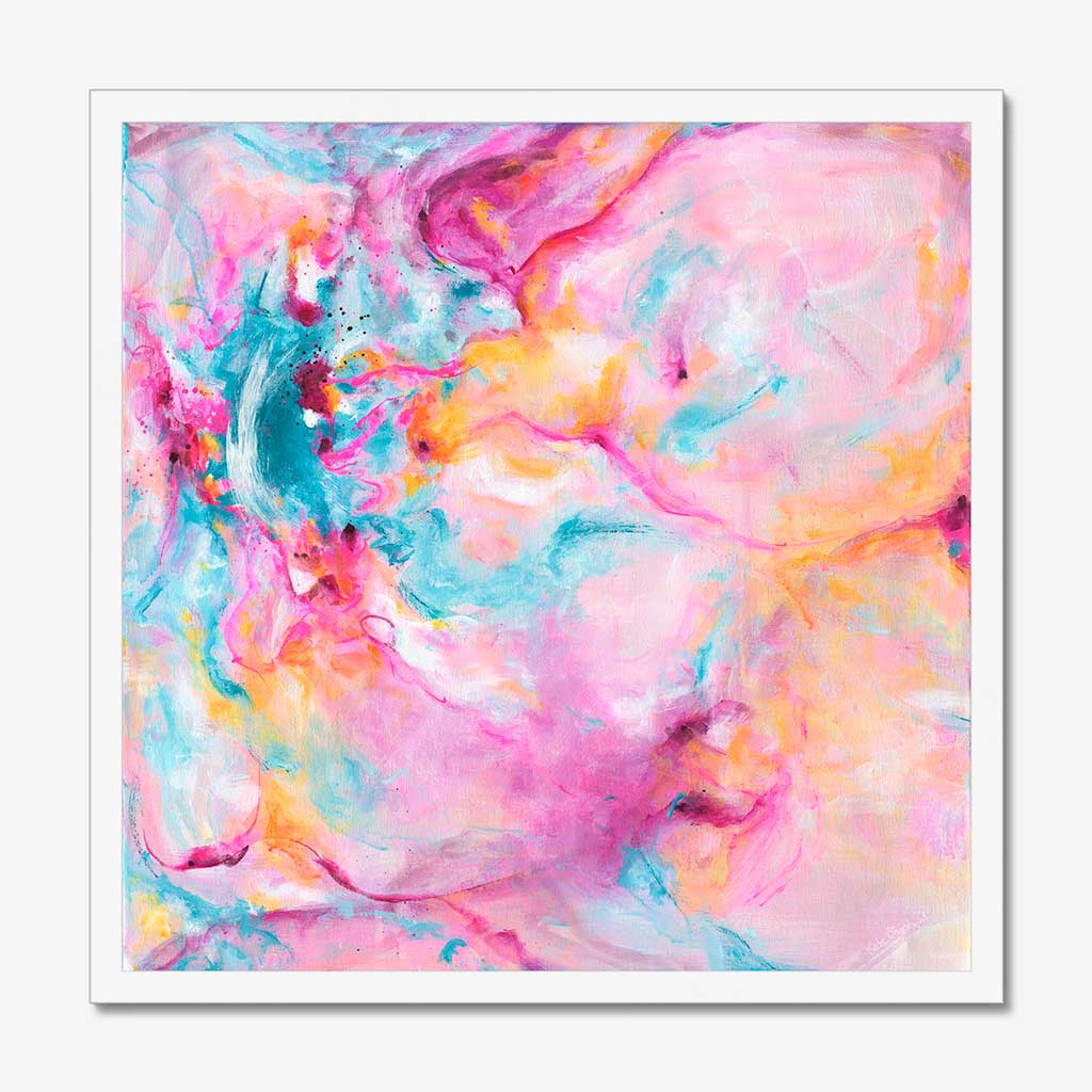 'Joy In The Little Things' - Joyful expressive art print in vivid pink and luminous white — colourful artwork on archival fine art paper from the Joy by Design collection, by Kate Shephard Art.