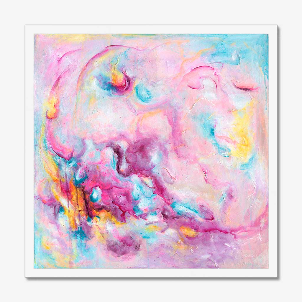 'Joy On Purpose' - Modern wall art for home in bright vivid pink, soft blue and luminous white — colourful abstract art with real energy and movement, by Kate Shephard Art.