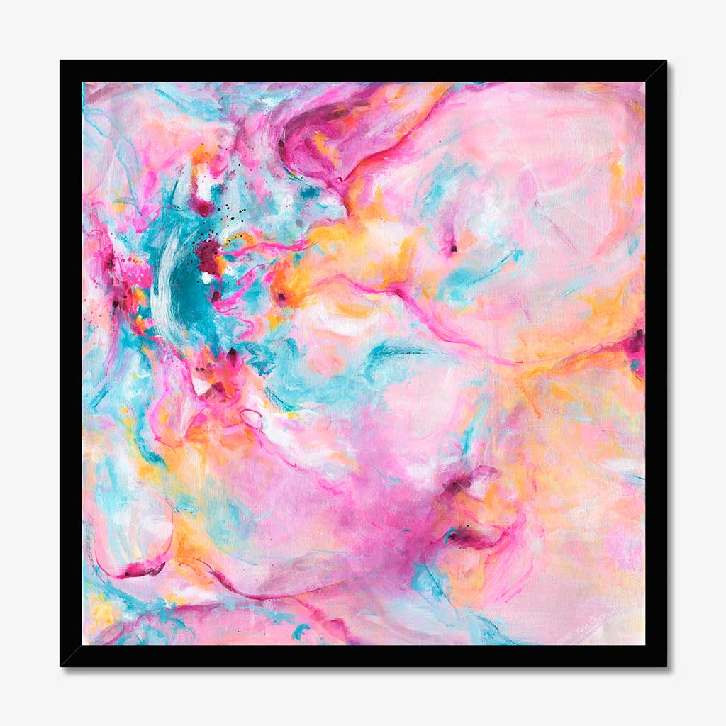 'Joy In The Little Things' - Joyful expressive art in bright vivid pink, soft blue and warm peach — colourful artwork on luxurious 230gsm archival fine art paper, by Kate Shephard Art.