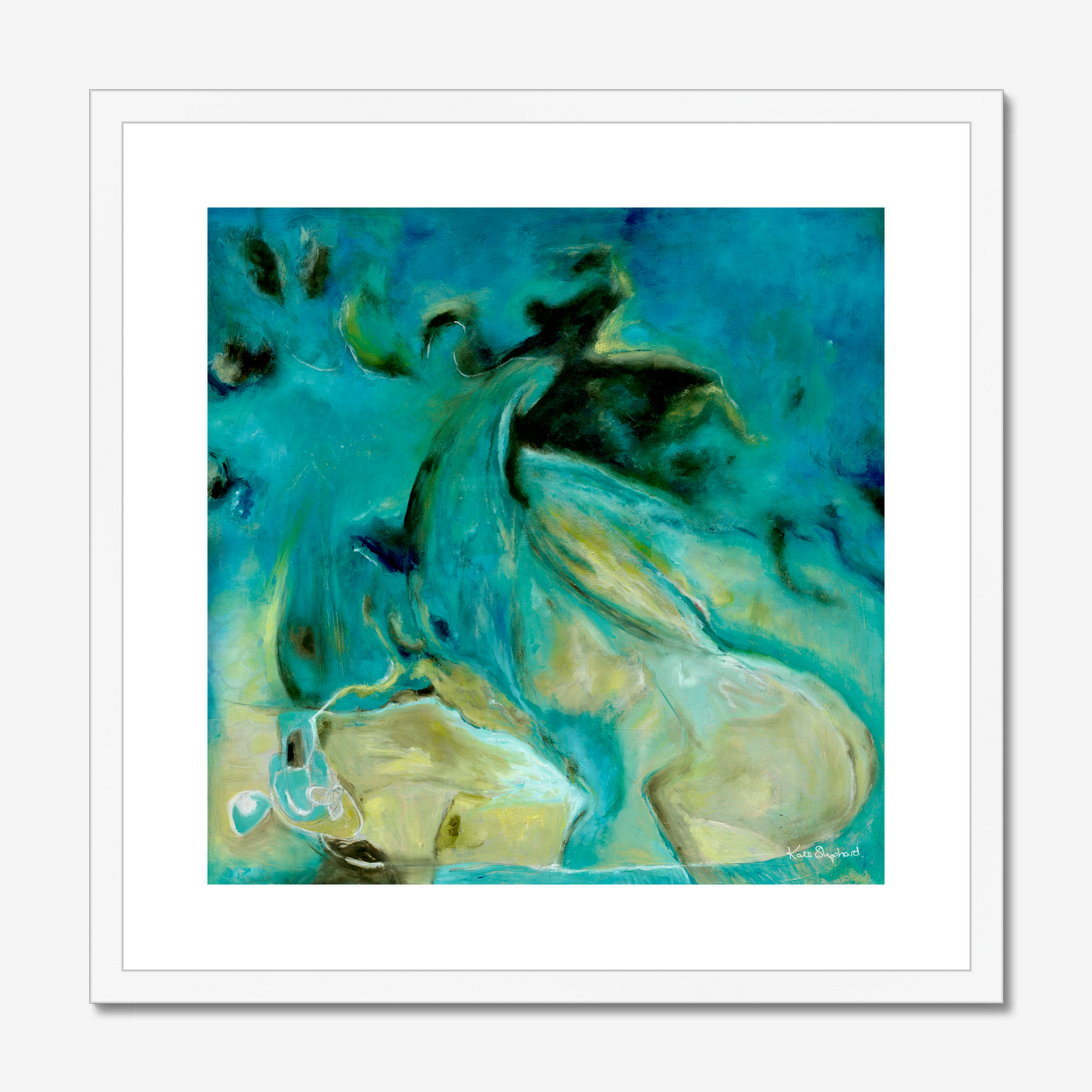 'Courage to Grow' - Framed blue art print in white frame, rich turquoise and sandy cream modern abstract wall art fine art print.