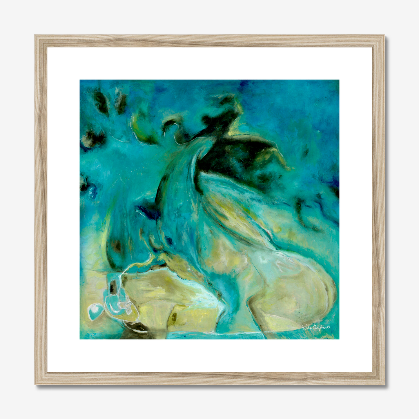 'Courage to Grow' - Framed blue art print in white frame, rich turquoise and sandy cream modern abstract wall art fine art print.