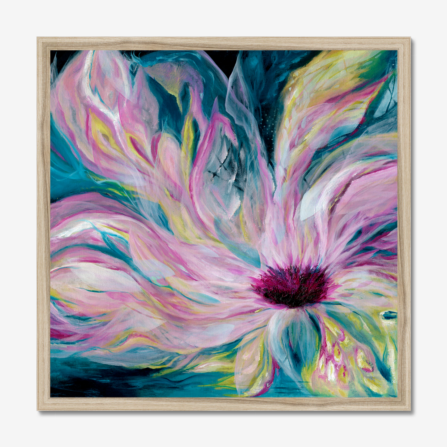 'Untamed' - expressive layered painting with deep blues and vibrant pinks, permission to feel everything wall art.
