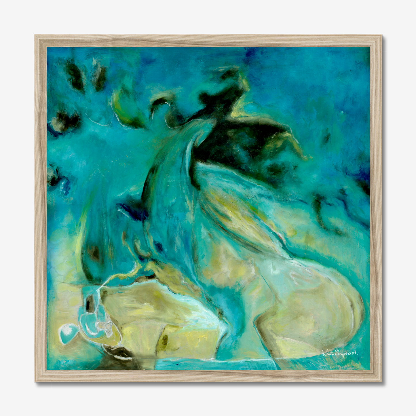 'Courage to Grow' - Close-up of expressive brushwork in rich teal and dark reef forms, modern abstract wall art abstract art blue fine art print.