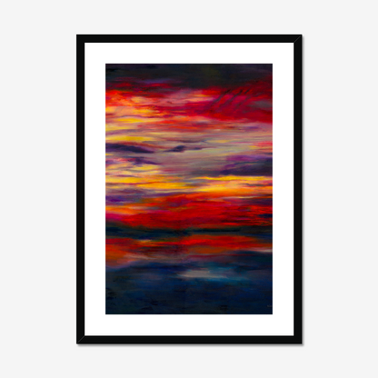'Midnight Embers' - A dark abstract wall art fine art print in horizontal bands of burning red, orange and vivid yellow — dramatic sunset artwork for bold soulful contemporary homes, by Kate Shephard Art.