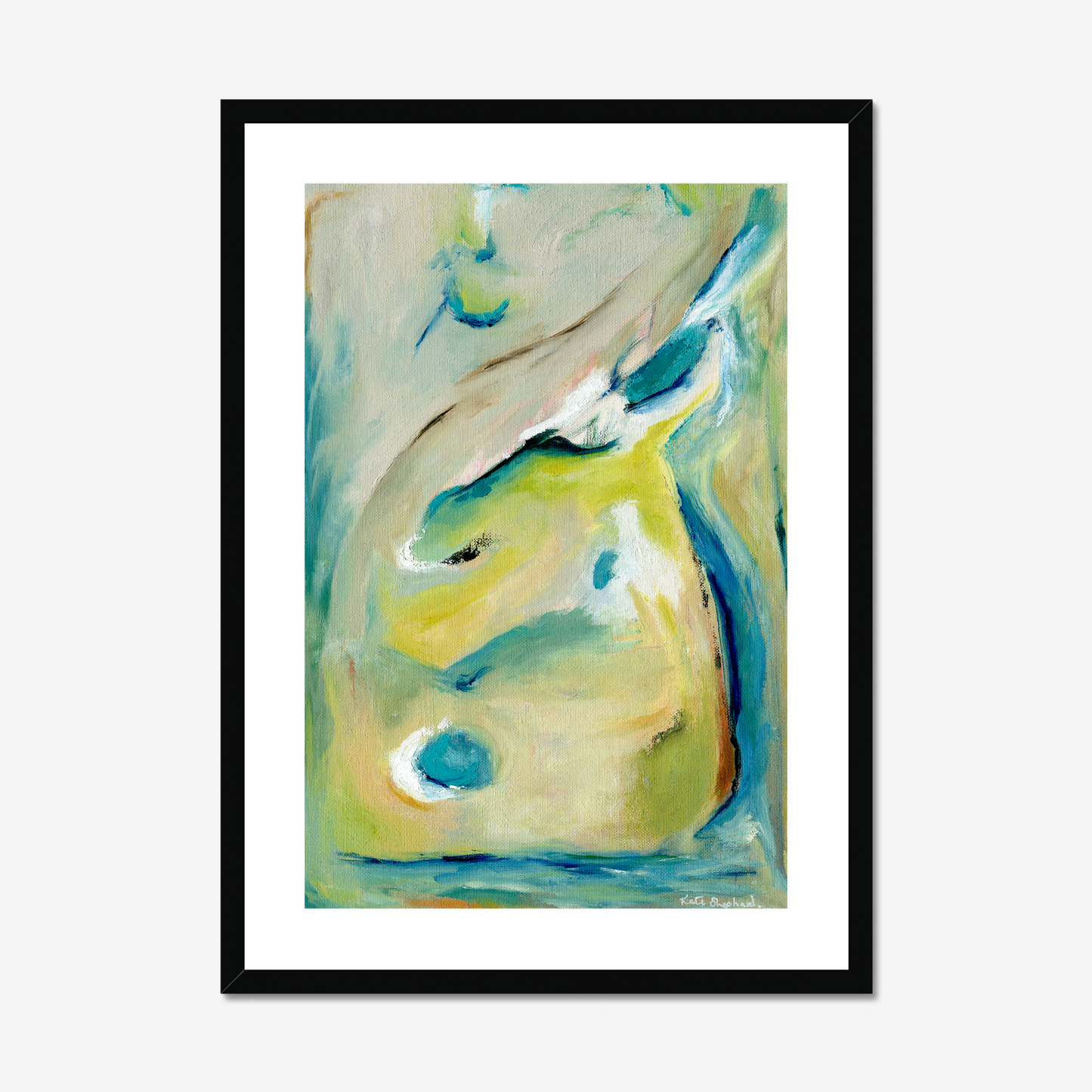 True Colours abstract art print inspired by peacocks by Kate Shephard Art in a black frame