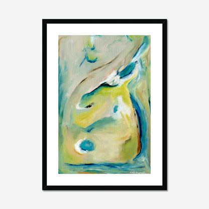 True Colours abstract art print inspired by peacocks by Kate Shephard Art in a black frame