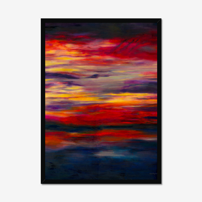 'Midnight Embers' - A dark abstract wall art fine art print in horizontal bands of burning red, orange and vivid yellow — dramatic sunset artwork for bold soulful contemporary homes, by Kate Shephard Art.