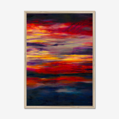 'Midnight Embers' - Dramatic sunset artwork in burning crimson and vivid yellow against deep navy — dark abstract wall art fine art print with real emotional power and presence, by Kate Shephard Art.