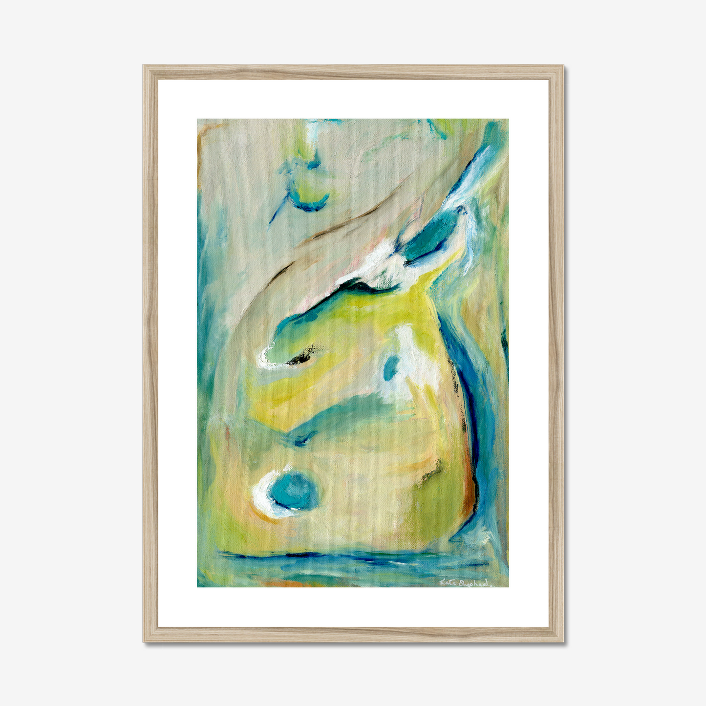 True Colours abstract art print inspired by peacocks by Kate Shephard Art in a natural wood frame