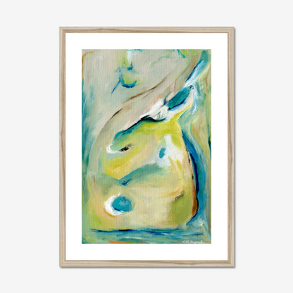 True Colours abstract art print inspired by peacocks by Kate Shephard Art in a natural wood frame