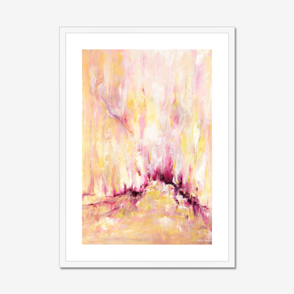 'Rising' - Pink and yellow abstract art print on archival paper, with expressive vertical brushwork in warm golden tones and deep magenta — inspirational wall art with real emotional depth, by Kate Shephard Art.