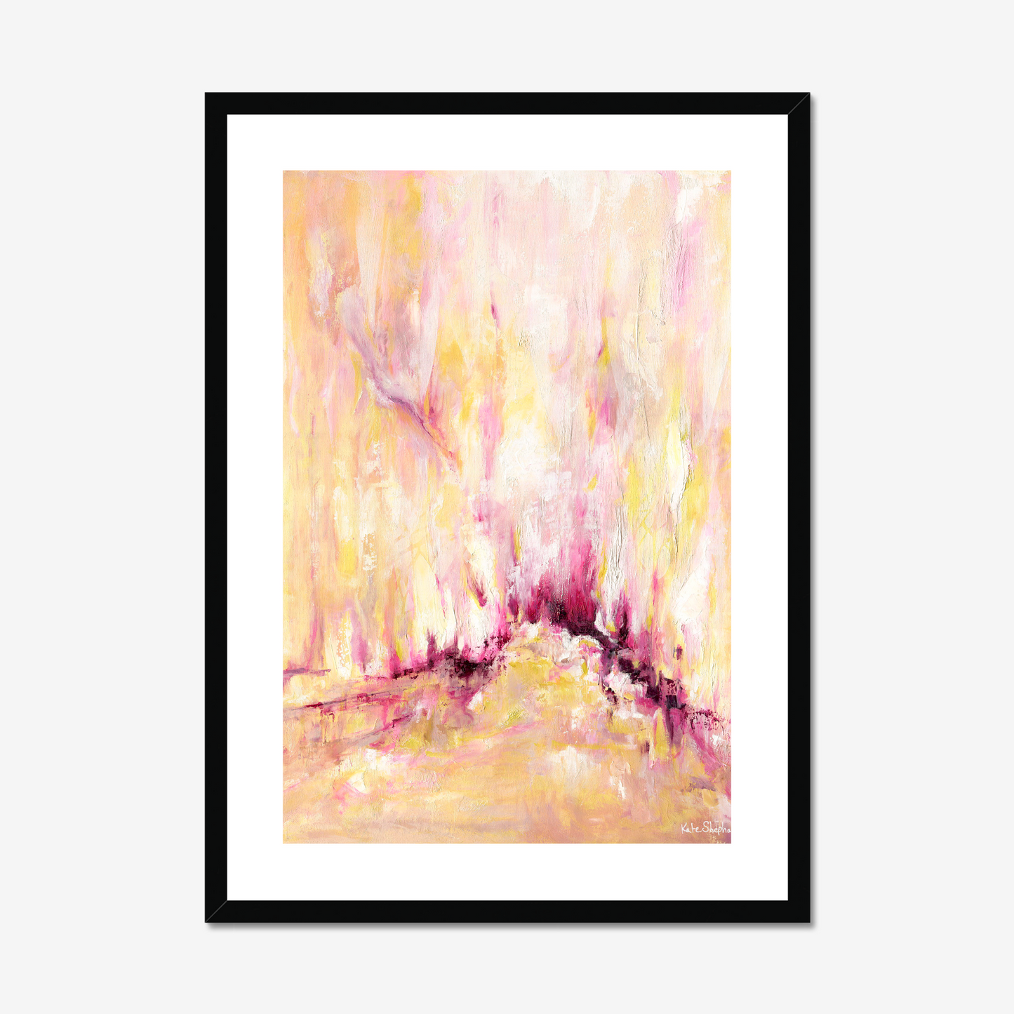 'Rising' - Pink and yellow abstract art print on archival paper, with expressive vertical brushwork in warm golden tones and deep magenta — inspirational wall art with real emotional depth, by Kate Shephard Art.