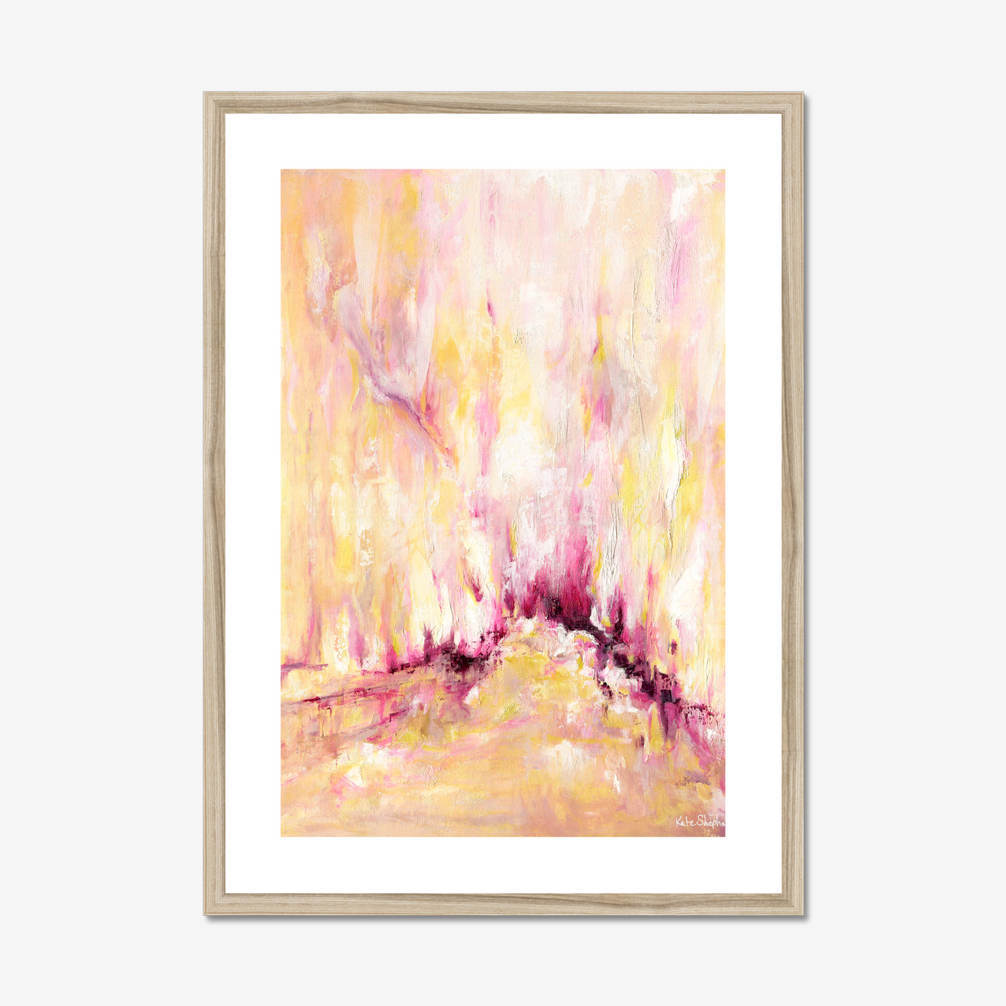 'Rising' - Pink and yellow abstract art print on archival paper, with expressive vertical brushwork in warm golden tones and deep magenta — inspirational wall art with real emotional depth, by Kate Shephard Art.