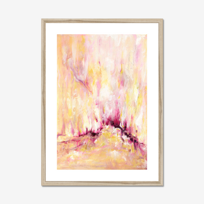 'Rising' - Pink and yellow abstract art print on archival paper, with expressive vertical brushwork in warm golden tones and deep magenta — inspirational wall art with real emotional depth, by Kate Shephard Art.