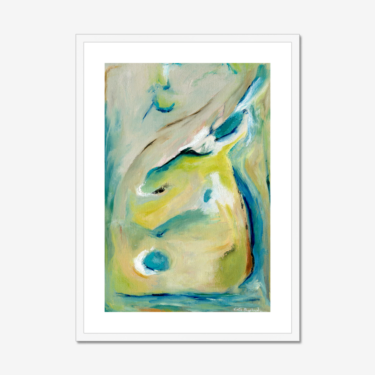 True Colours abstract art print inspired by peacocks by Kate Shephard Art in a white frame