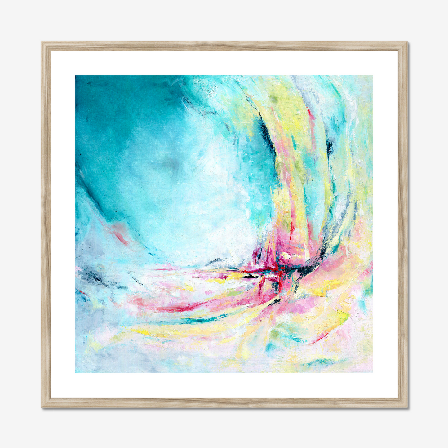 'Caribbean Blue' - Colourful abstract art paper print hung on a white wall, vibrant turquoise and pink blue wall art.