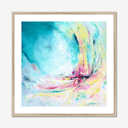 'Caribbean Blue' - Colourful abstract art paper print hung on a white wall, vibrant turquoise and pink blue wall art.
