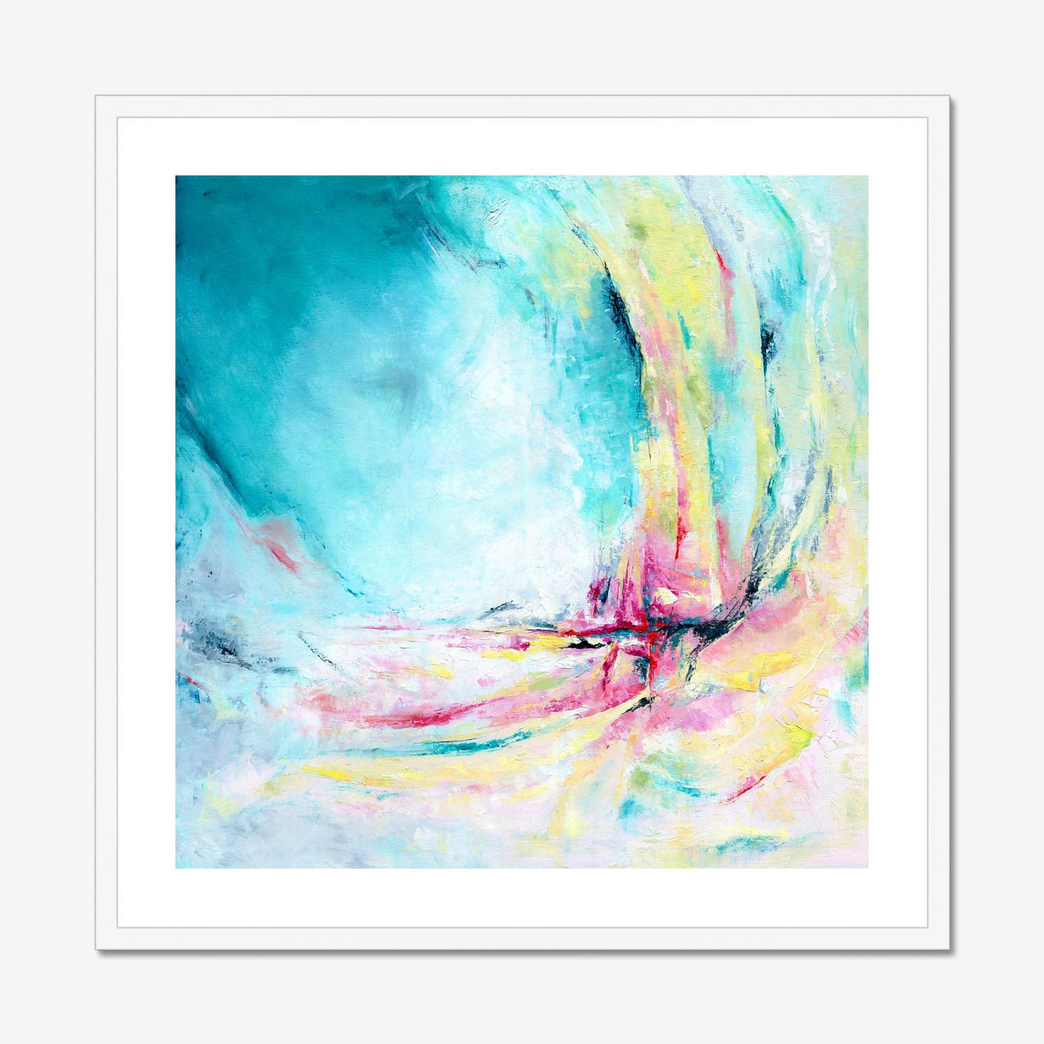 'Caribbean Blue' - Framed colourful abstract art paper print in luminous teal and vibrant pink, bold blue wall art for the home.