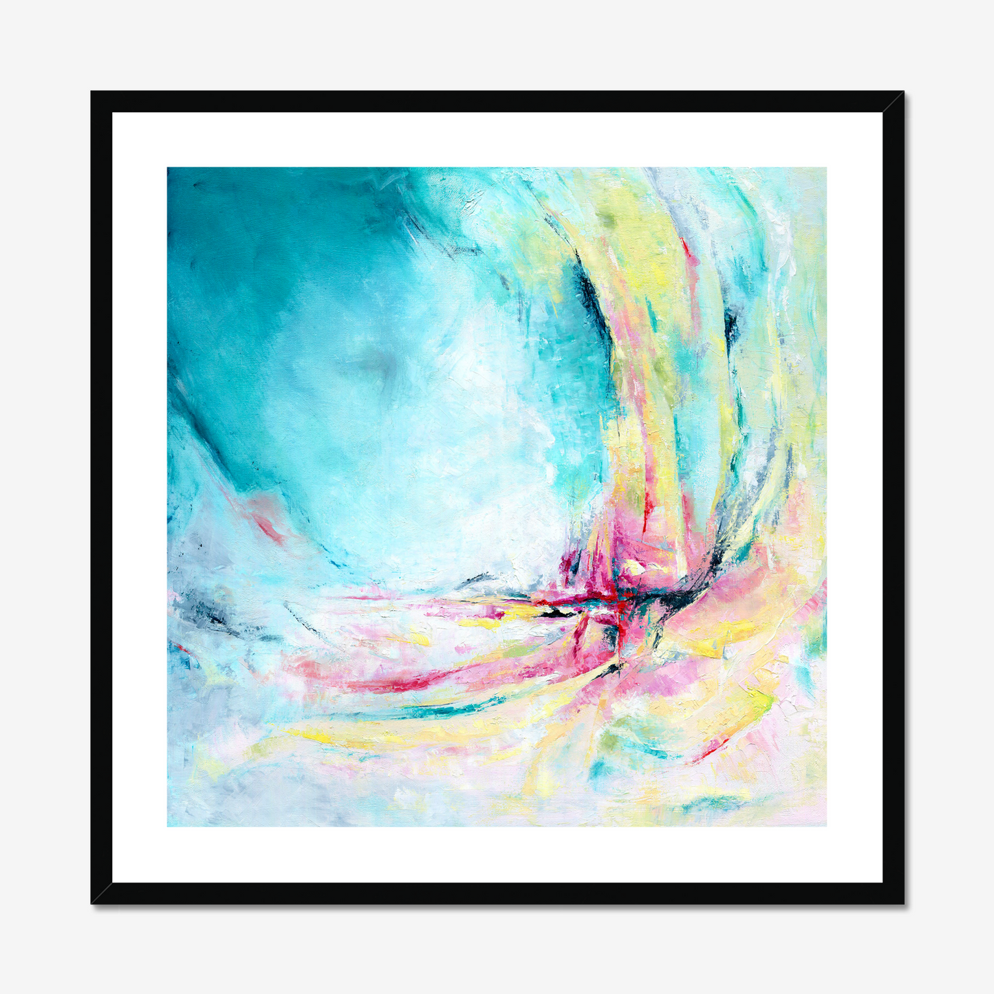 'Caribbean Blue' - Colourful abstract art fine art paper print in vibrant turquoise, hot pink and warm yellow, blue wall art for living room or bedroom.