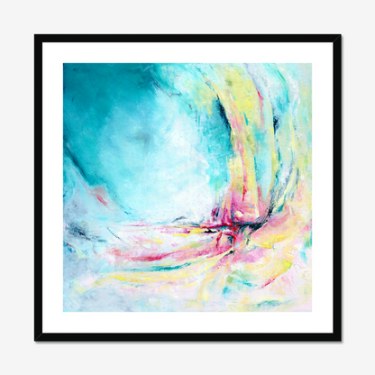 'Caribbean Blue' - Colourful abstract art fine art paper print in vibrant turquoise, hot pink and warm yellow, blue wall art for living room or bedroom.