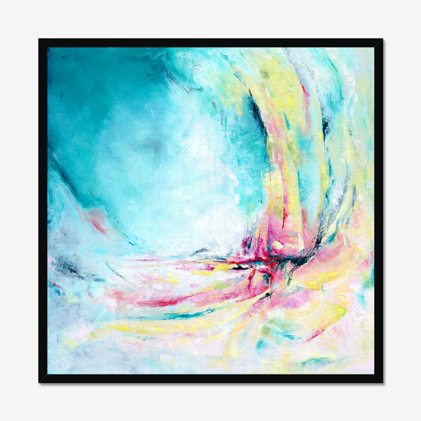 'Caribbean Blue' - Bold colourful abstract art in Caribbean turquoise and hot pink, blue wall art fine art paper print for bedroom.