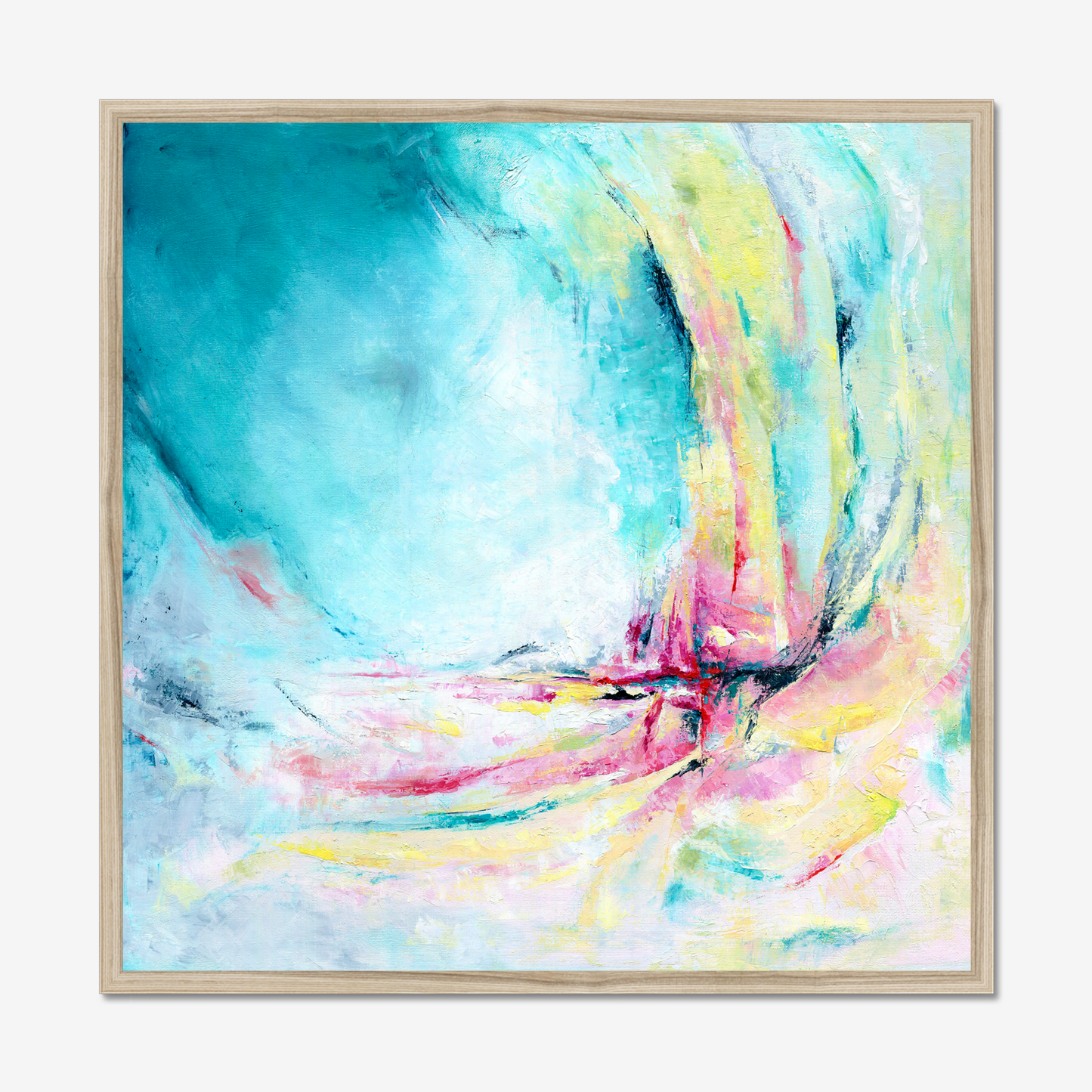 'Caribbean Blue' - Framed colourful abstract art fine art paper print in vibrant teal and pink, bold joyful blue wall art.