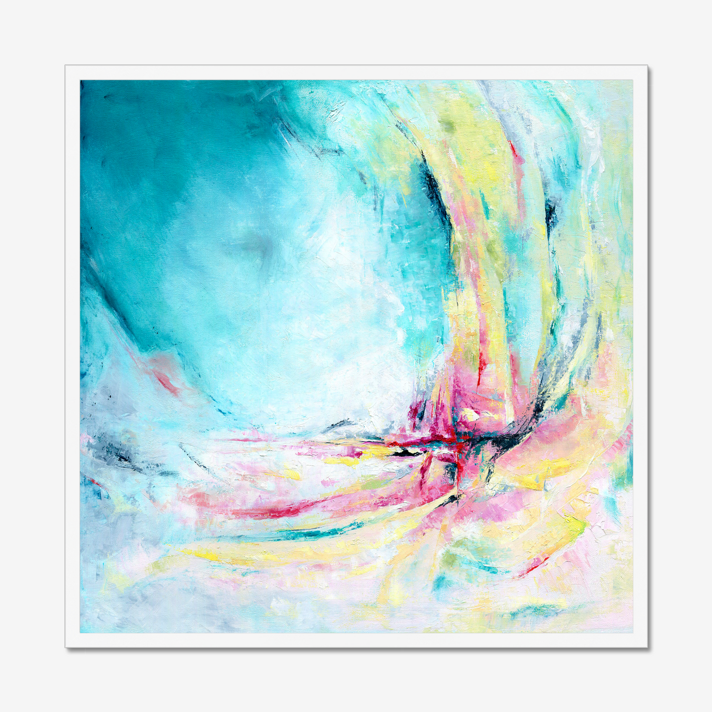 'Caribbean Blue' - Detail of sweeping brushwork in luminous teal and lime green, colourful abstract art fine art paper print.