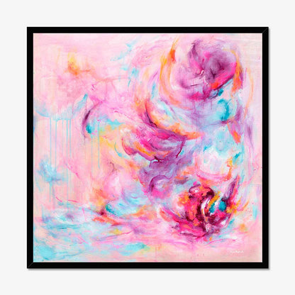 'Choose Joy' - Colourful art print with free expressive brushstrokes in vivid pink and luminous white — uplifting artwork about feeling joy on archival fine art paper, by Kate Shephard Art.
