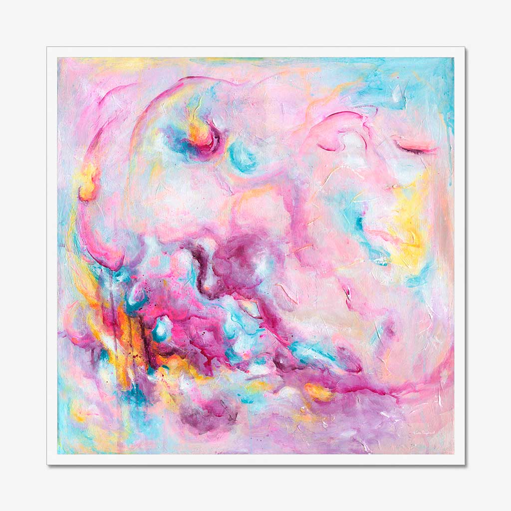'Joy On Purpose' - Modern wall art for home in bright vivid pink, soft blue and luminous white — colourful abstract art with real energy and movement, by Kate Shephard Art.