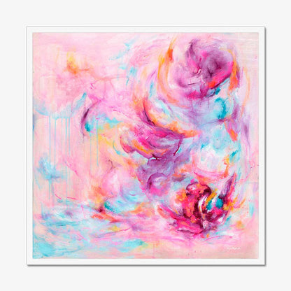 'Choose Joy' - Uplifting artwork about feeling joy colourful art print in vivid pink and luminous white — pink abstract fine art print on luxurious archival paper, by Kate Shephard Art.