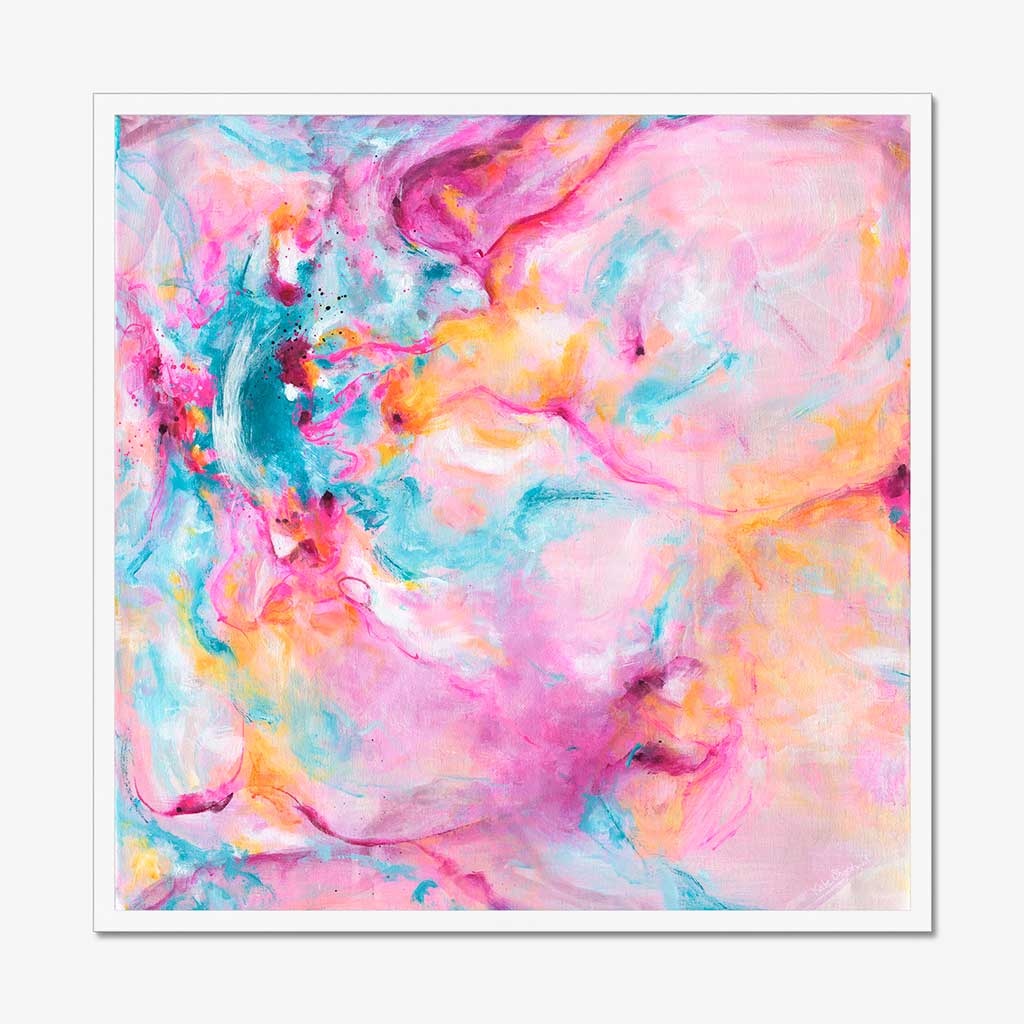 'Joy In The Little Things' - Joyful expressive art print in vivid pink and luminous white — colourful artwork on archival fine art paper from the Joy by Design collection, by Kate Shephard Art.