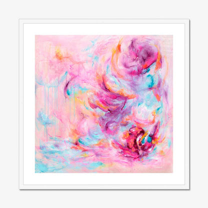 'Choose Joy' - Uplifting artwork about feeling joy colourful art print in vivid pink and luminous white — pink abstract fine art print on luxurious archival paper, by Kate Shephard Art.