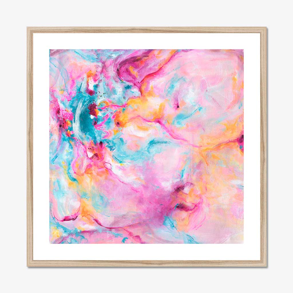 'Joy In The Little Things' - Colourful artwork in bright vivid pink, soft blue and warm peach — joyful expressive art print with real energy and movement, by Kate Shephard Art.