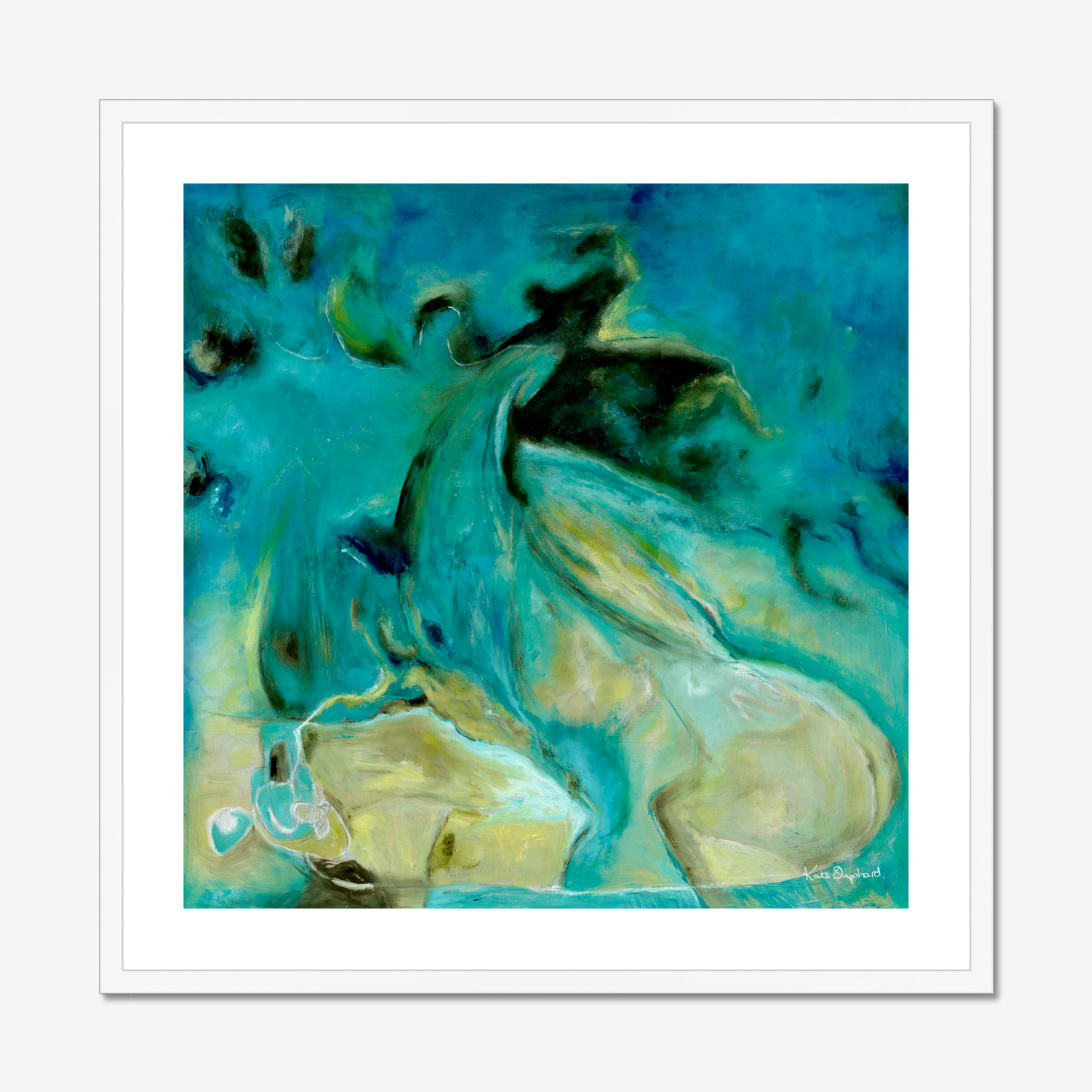 'Courage to Grow' - Modern abstract wall art fine art print in rich teal, turquoise and warm sandy cream, abstract art blue fine art print for living room or bedroom.