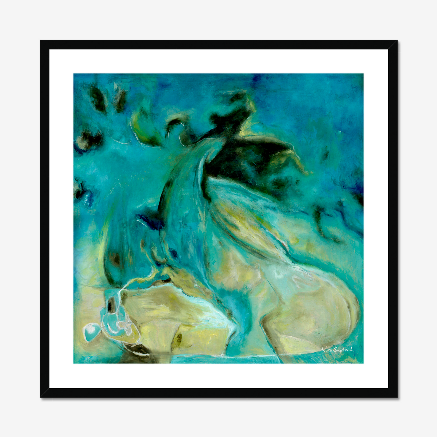 'Courage to Grow' - Framed blue art print in white frame, rich turquoise and sandy cream modern abstract wall art fine art print.