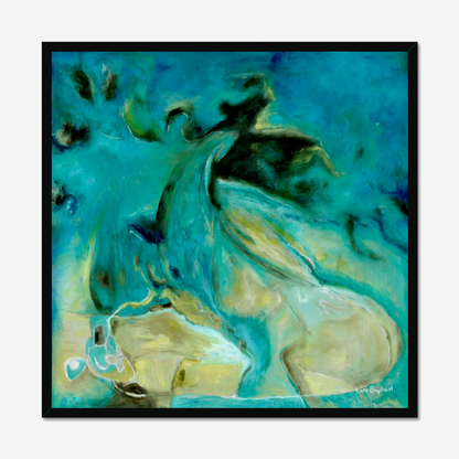 'Courage to Grow' - Blue art print in deep turquoise and warm sandy cream tones, modern abstract wall art fine art print for living room or bedroom.