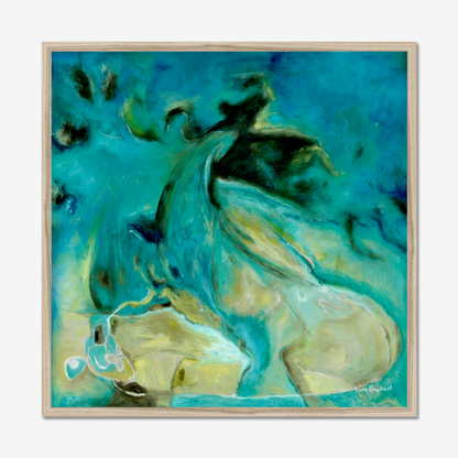 'Courage to Grow' - Blue art print in deep turquoise and warm sandy cream tones, modern abstract wall art fine art print for living room or bedroom.