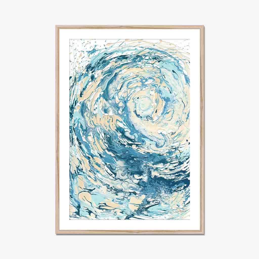 ‘Wave I’ - Coastal home decor wall art print with flowing ocean blues and sandy cream tones.