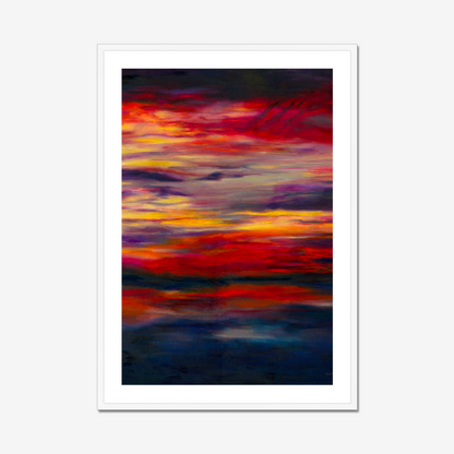 'Midnight Embers' - Dark abstract wall art fine art print in fiery reds and vivid yellow against deep navy charcoal — dramatic sunset artwork for living rooms and bedrooms, by Kate Shephard Art.