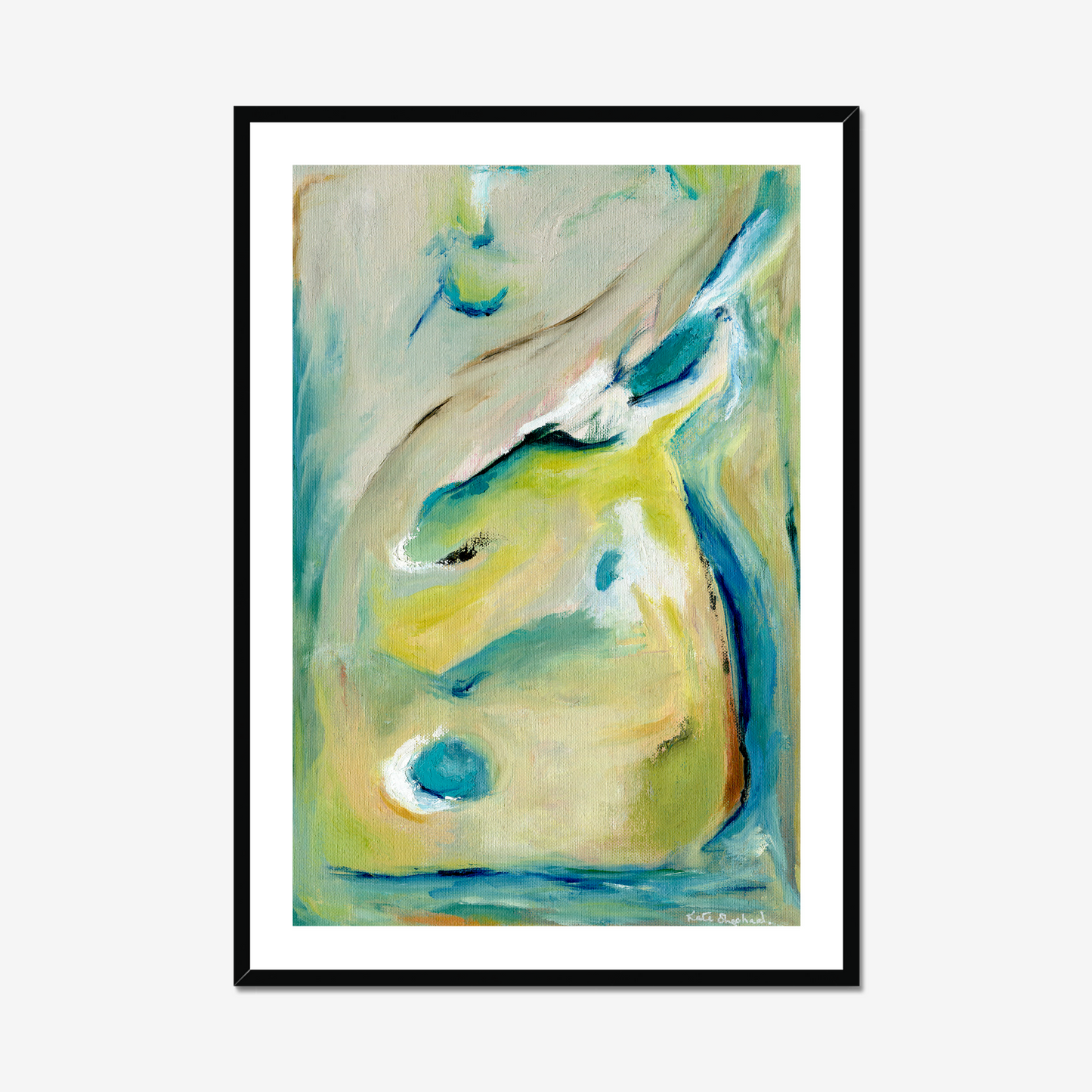 True Colours abstract art print inspired by peacocks by Kate Shephard Art in a black frame