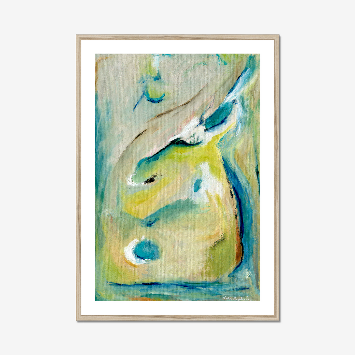 True Colours abstract art print inspired by peacocks by Kate Shephard Art in a natural wood frame
