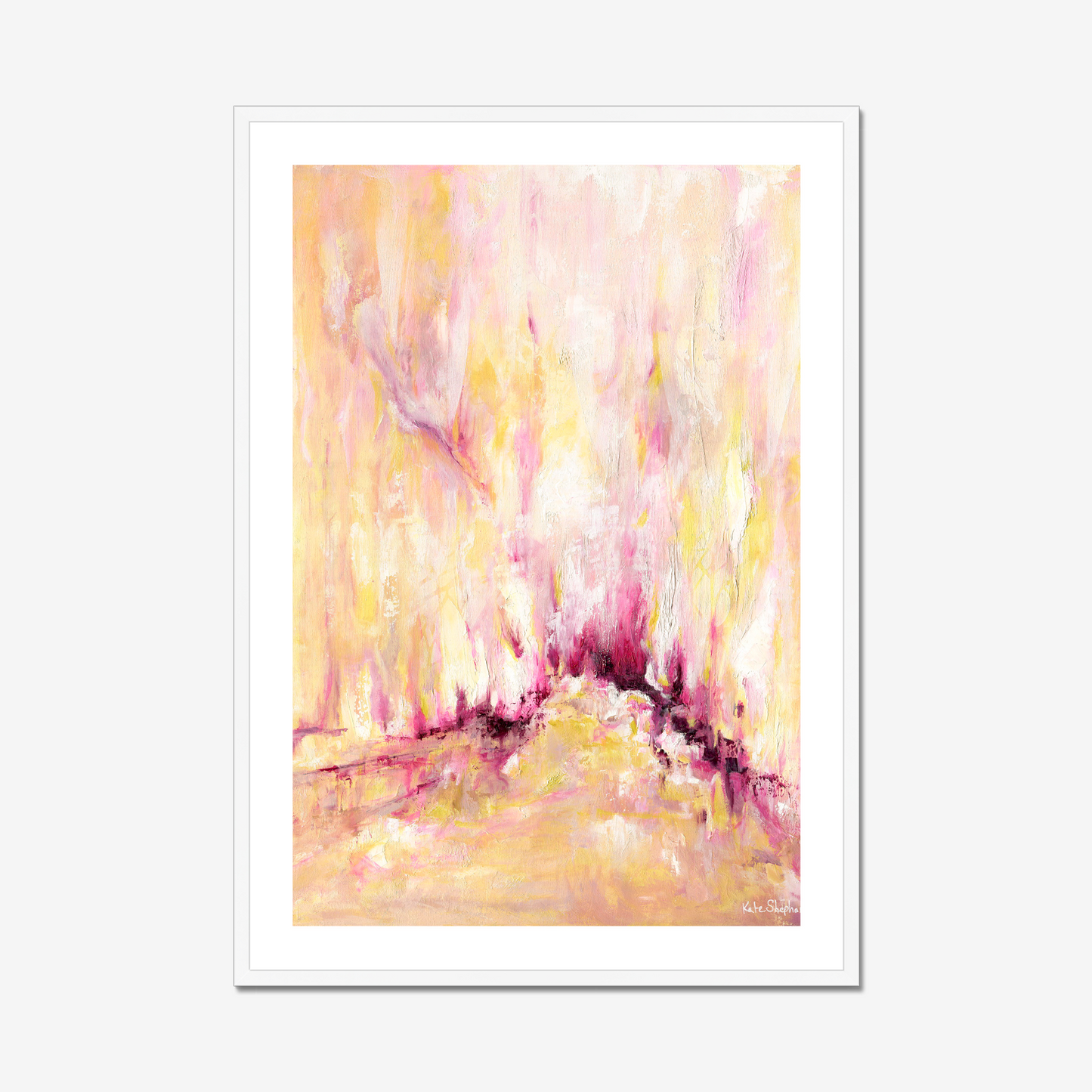 'Rising' - Pink and yellow abstract art print on archival paper, with expressive vertical brushwork in warm golden tones and deep magenta — inspirational wall art with real emotional depth, by Kate Shephard Art.