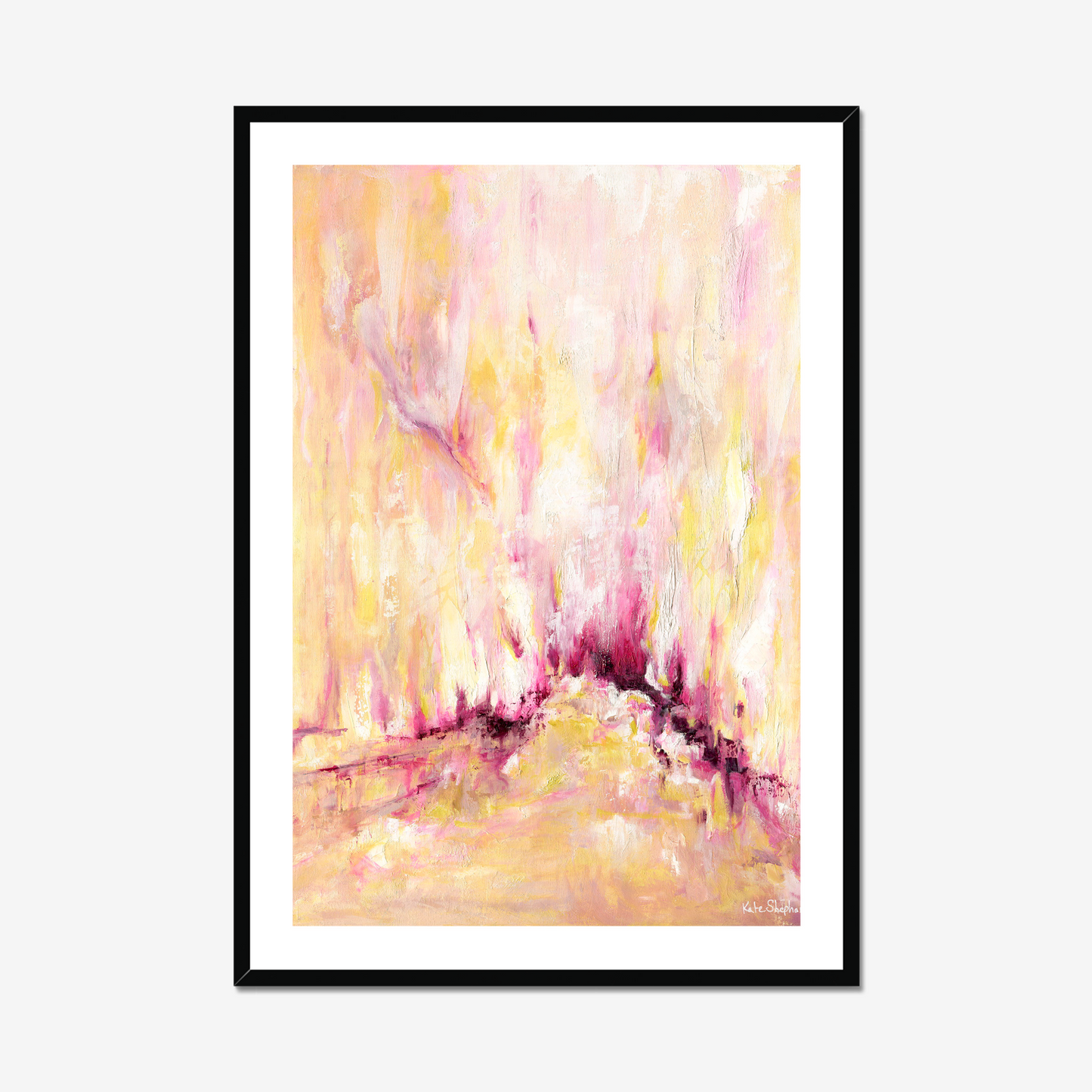 'Rising' - Pink and yellow abstract art print on archival paper, with expressive vertical brushwork in warm golden tones and deep magenta — inspirational wall art with real emotional depth, by Kate Shephard Art.