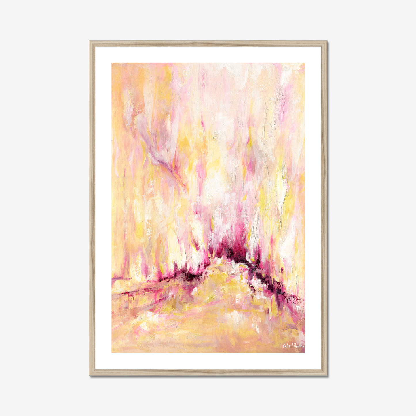 'Rising' - Pink and yellow abstract art print on archival paper, with expressive vertical brushwork in warm golden tones and deep magenta — inspirational wall art with real emotional depth, by Kate Shephard Art.