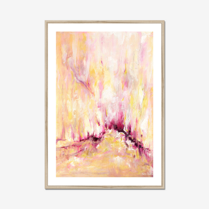 'Rising' - Pink and yellow abstract art print on archival paper, with expressive vertical brushwork in warm golden tones and deep magenta — inspirational wall art with real emotional depth, by Kate Shephard Art.
