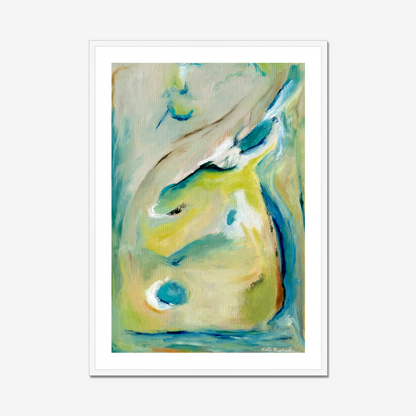 True Colours abstract art print inspired by peacocks by Kate Shephard Art in a white frame