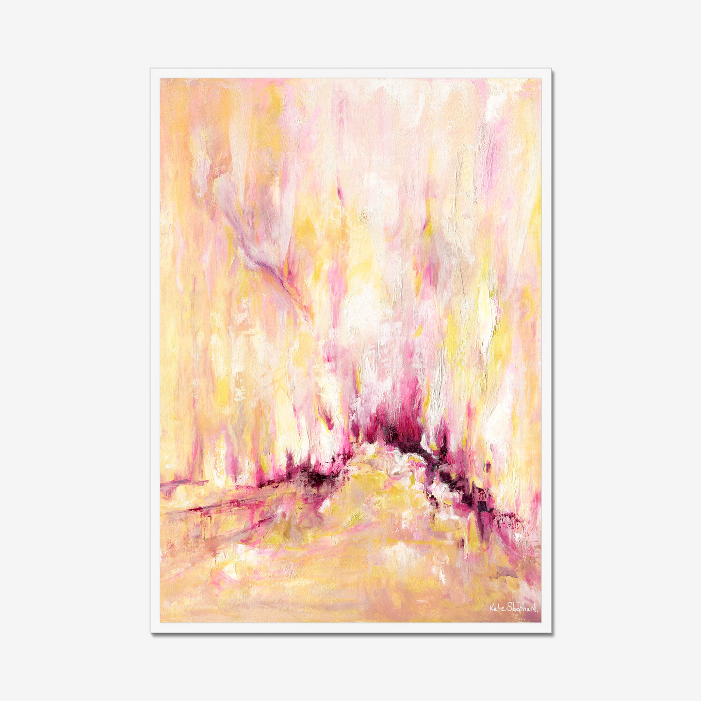 'Rising' - A large inspirational abstract art print on paper in warm golden yellow, soft blush pink and deep burgundy magenta — uplifting pink and yellow wall art for living rooms and bedrooms, by Kate Shephard Art.