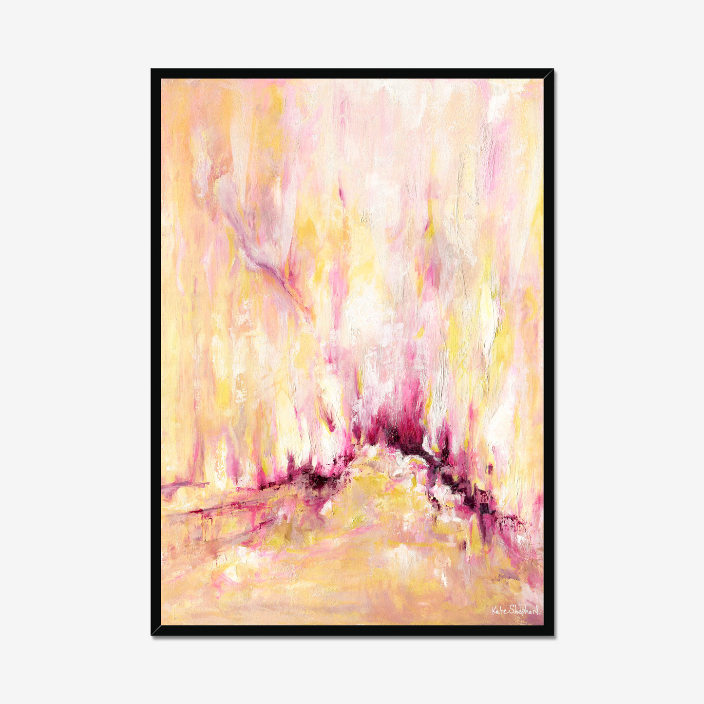 'Rising' - A large inspirational abstract art print on paper in warm golden yellow, soft blush pink and deep burgundy magenta — uplifting pink and yellow wall art for living rooms and bedrooms, by Kate Shephard Art.