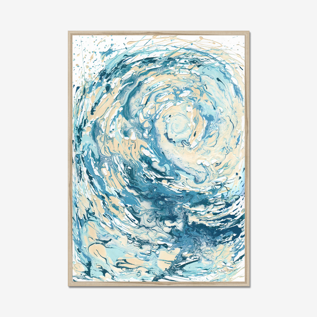‘Wave I’ - Coastal wall art print with swirling blues and creams, full of movement and energy.