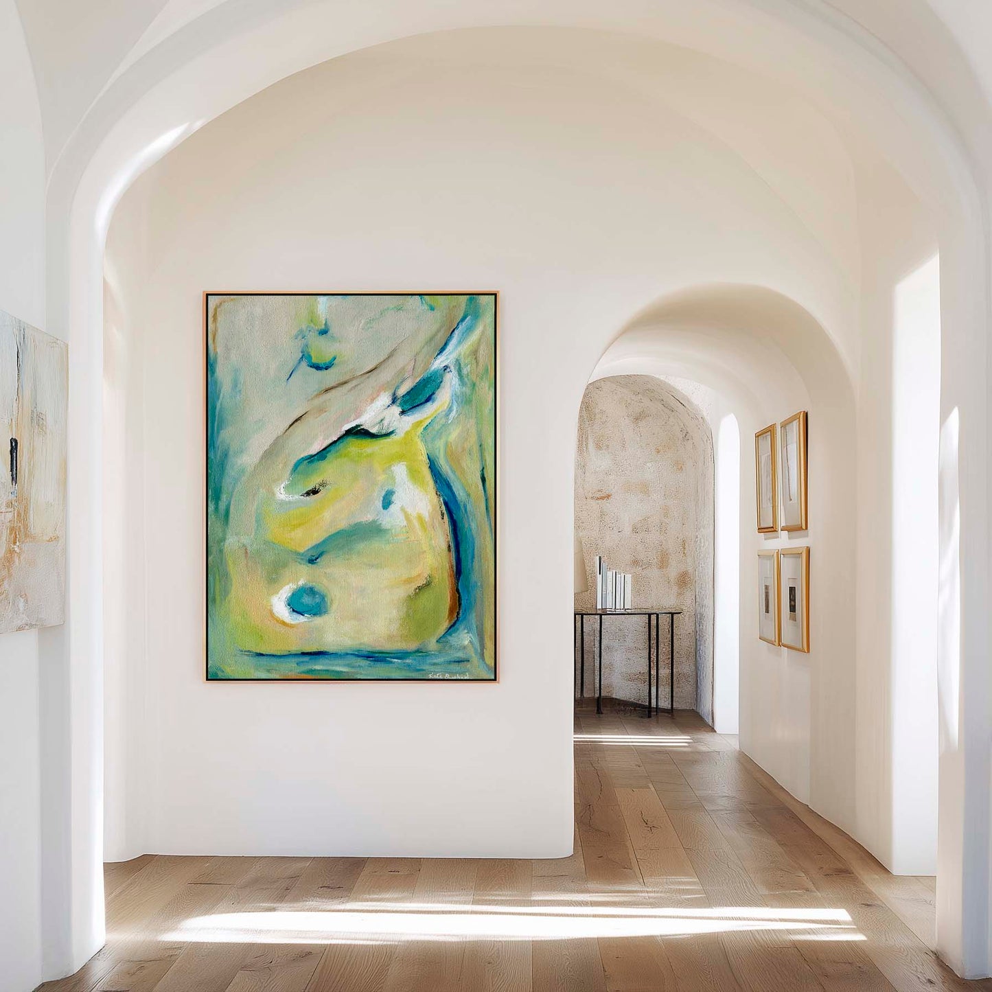 'True Colours' - Abstract Canvas Artwork Colourful Wall Art In Teal & Green with turquoise and gold bringing joyful energy and serene calm to bedroom spaces.